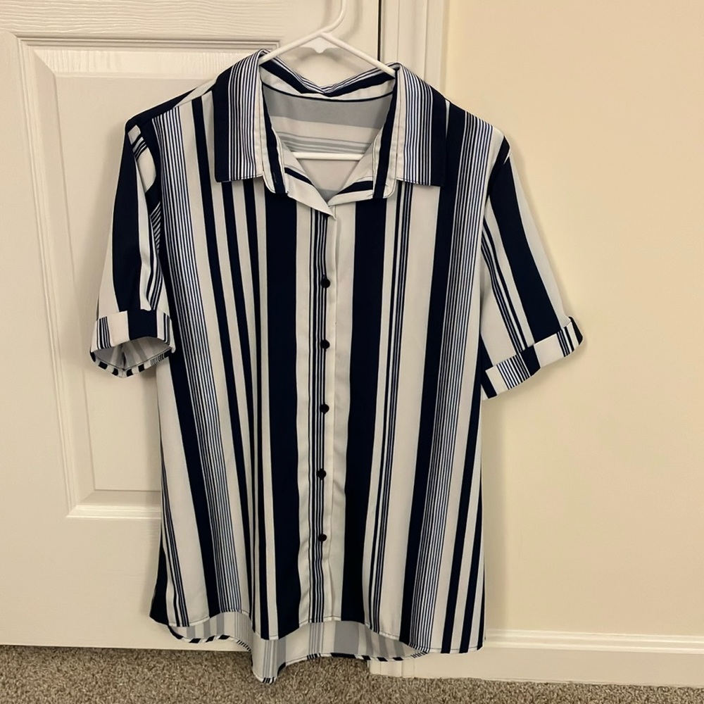 Blue and white striped button down shirt.